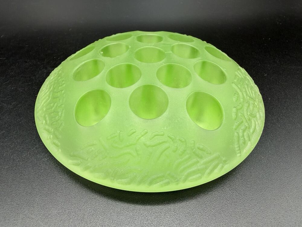 Frosted Green Uranium Glass 16 Hole Floral Frog Paperweight 4.25” Vintage
